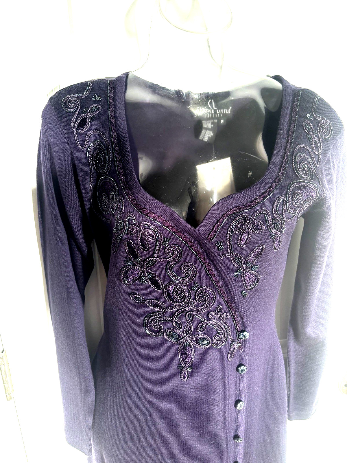 Vintage Carole Light Weight Long Sweater Dress NWT med Purple w/gorgeous beading