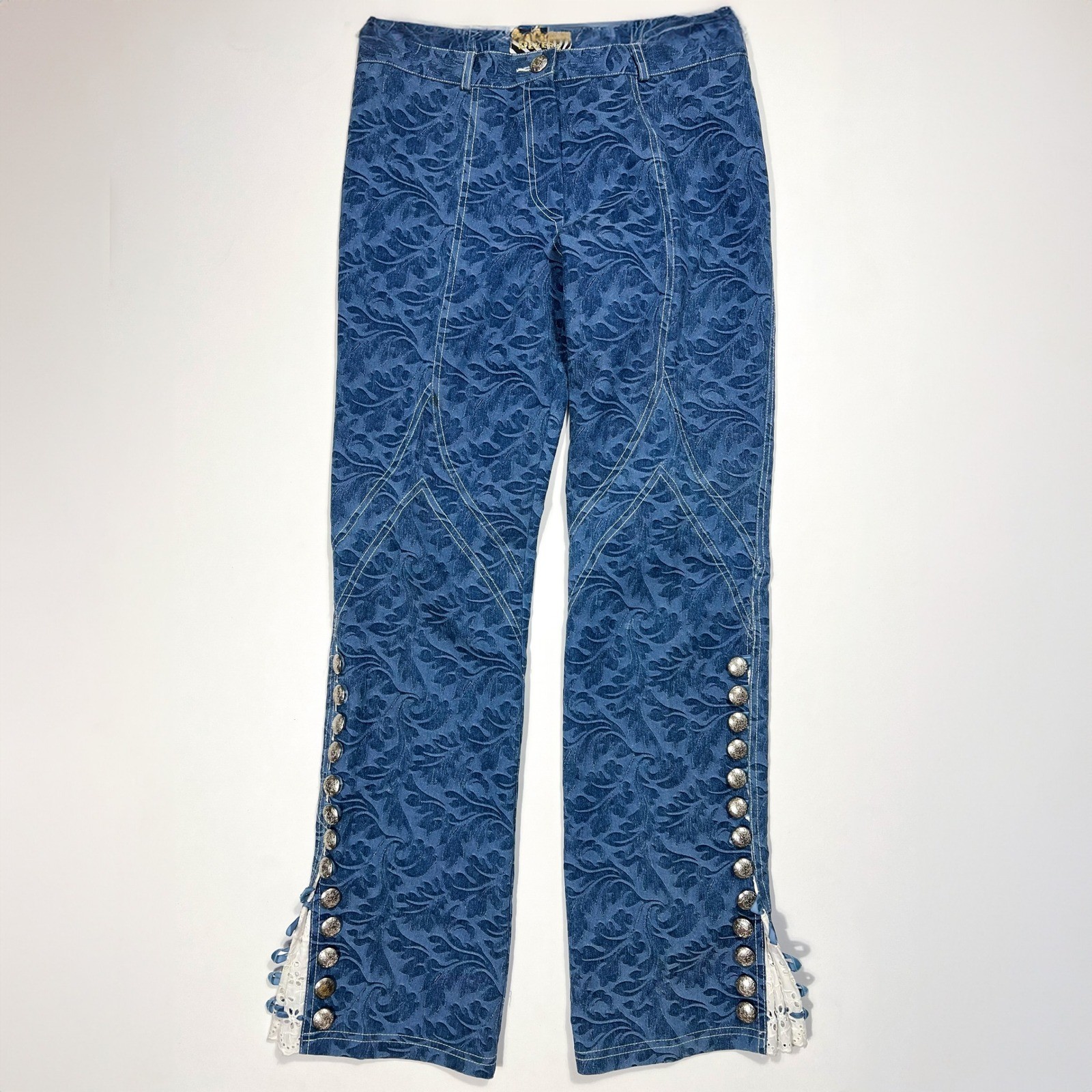 Vintage Dekers Paris Flared Brocade Pants Blue Floral Lace Button Hem