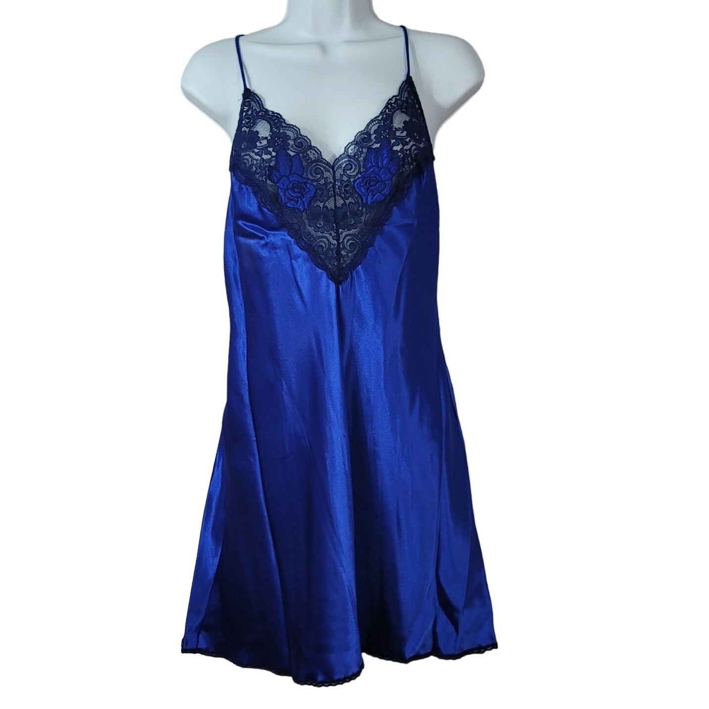 Val Mode Satin Chemise Slip Blue Medium Lace Trim Lingerie Nightie USA Vintage