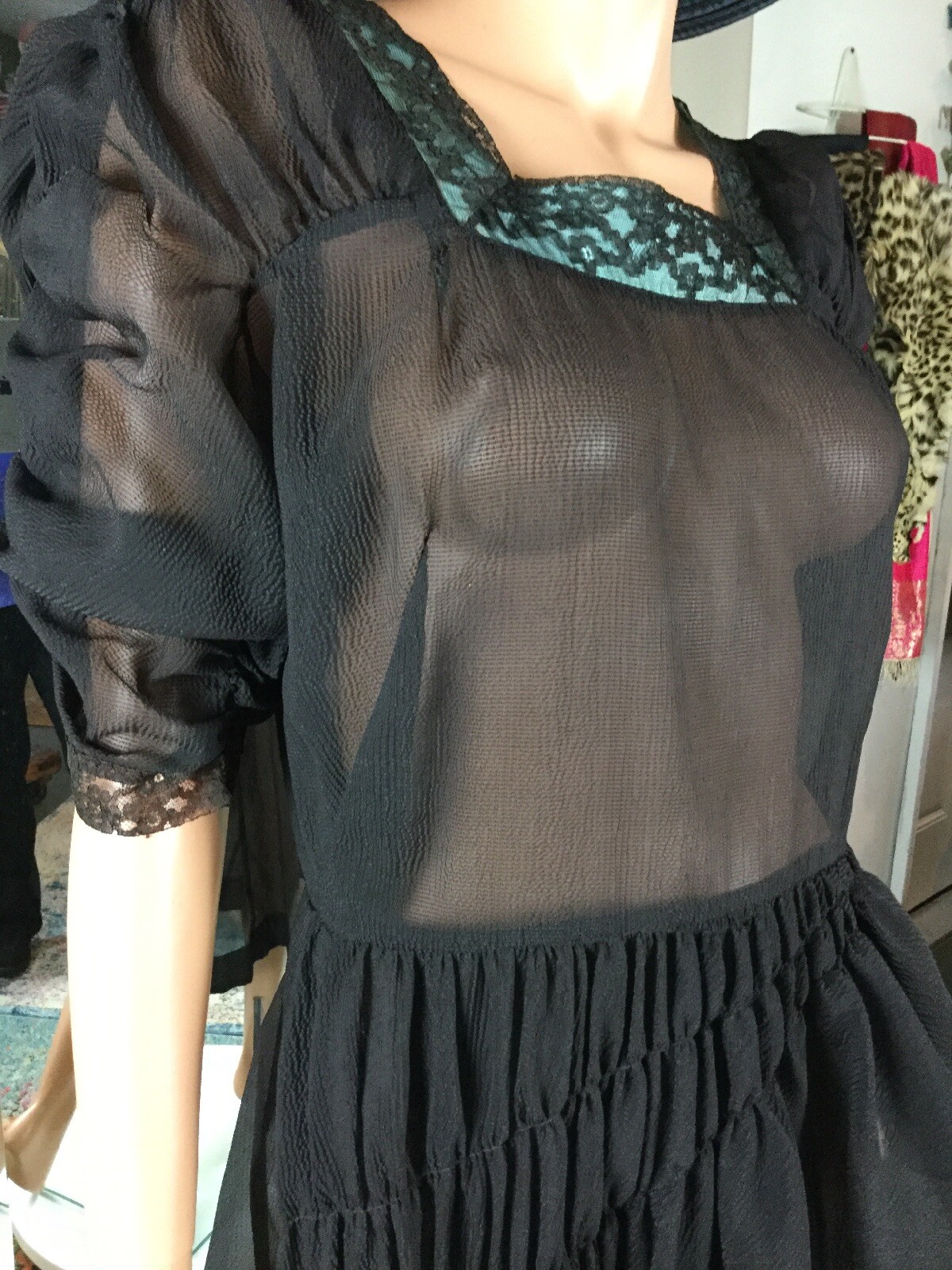 Vtg 20s Black Sheer Dress Sz 10 Layered Front Flapper Style Square Neck 36” Bust