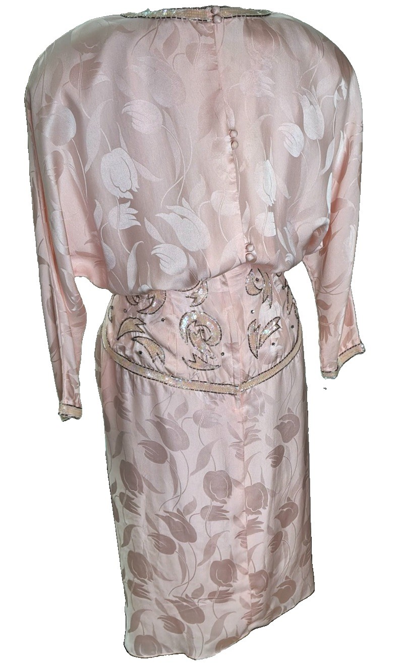 Vintage Oleg Cassini Pink Silk Beaded Cocktail Dress Tulip Jacquard Size 6