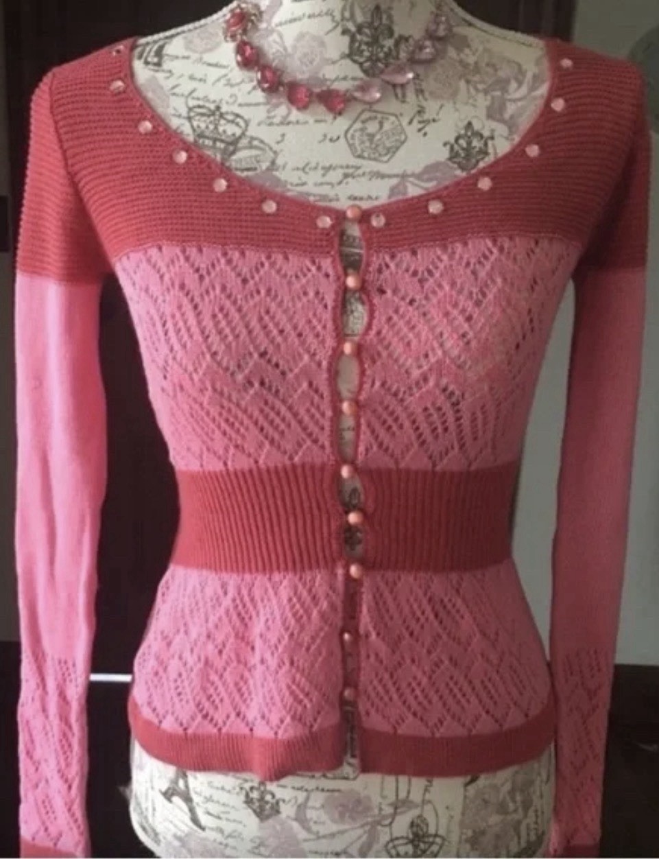 Vintage BETSEY JOHNSON NY Y2K Pink & Red Striped Lacy Cardigan With Rhinestones