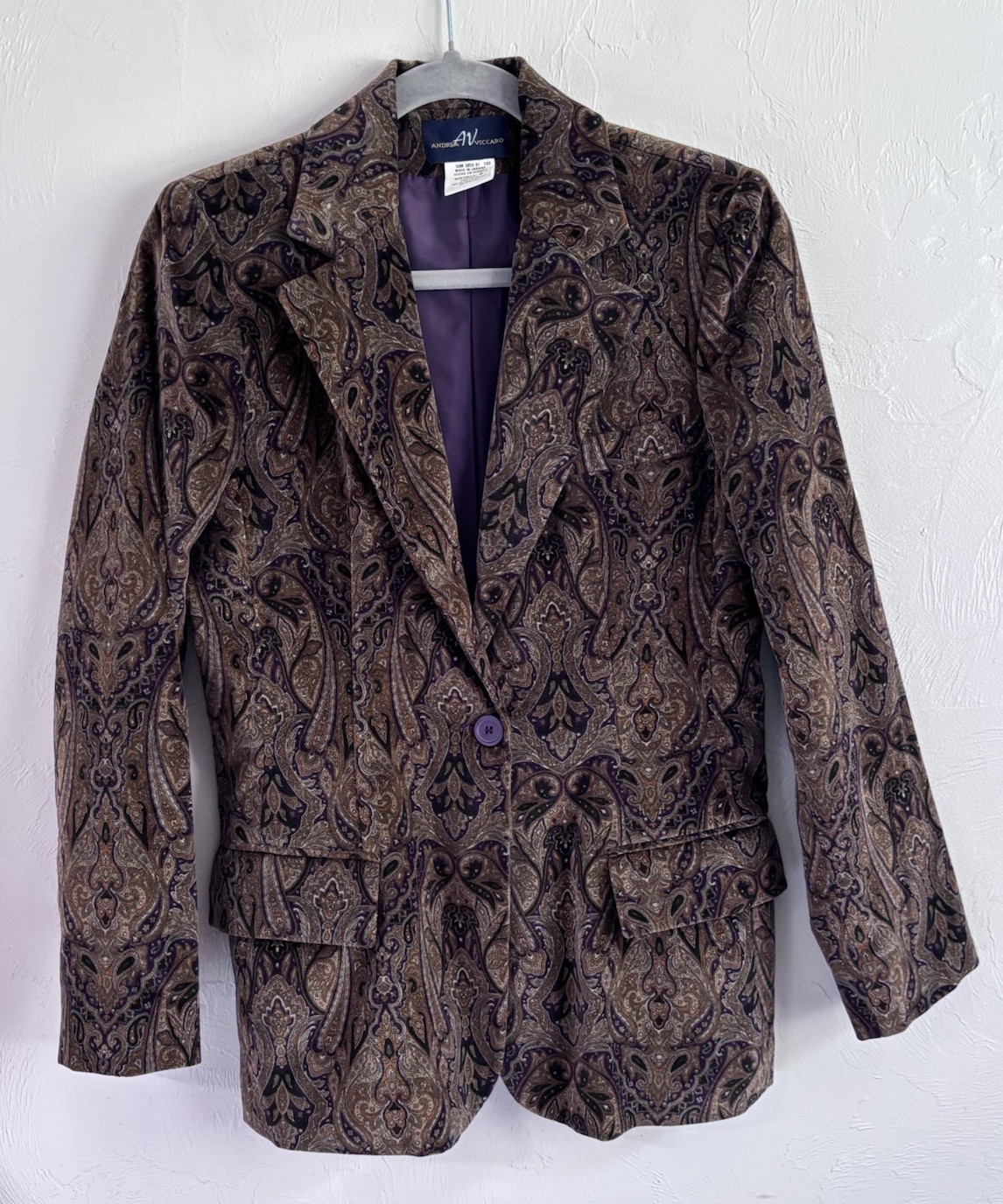 VTG Andrea Viccaro Luxury Soft Cotton Velvet Paisley Blazer 1-Button Jacket Sz 6