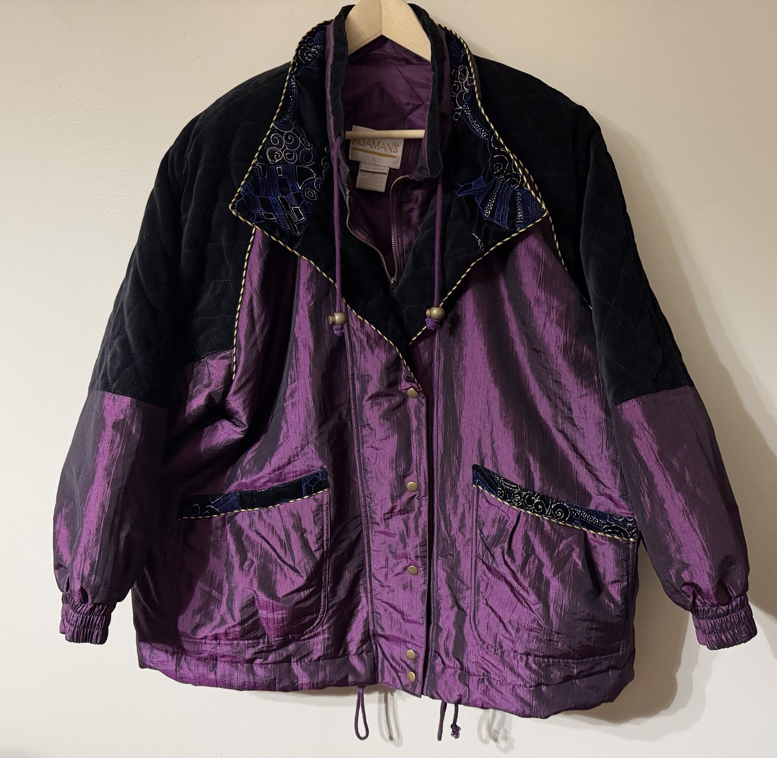 Vintage 80s Roaman’s Purple Black Velvet Oversize Fit Bomber Jacket Coat 1X-2X-3