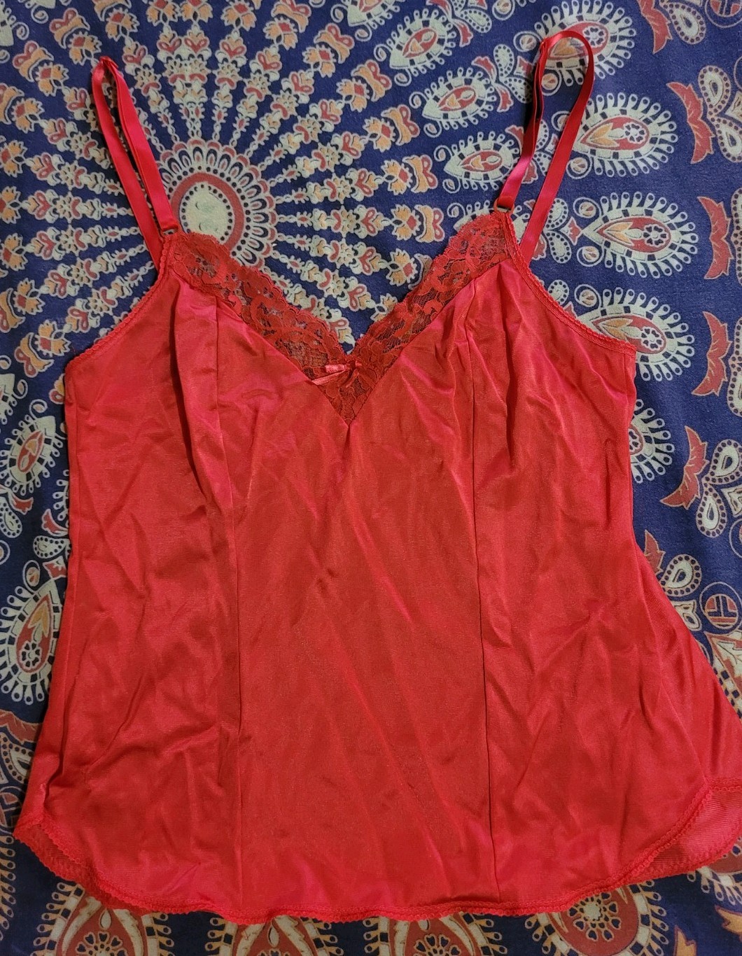 Vintage Maidenform Cherry Red Camisole Sz 34 Lace Trim Bow Sexy Pin Up Lingerie