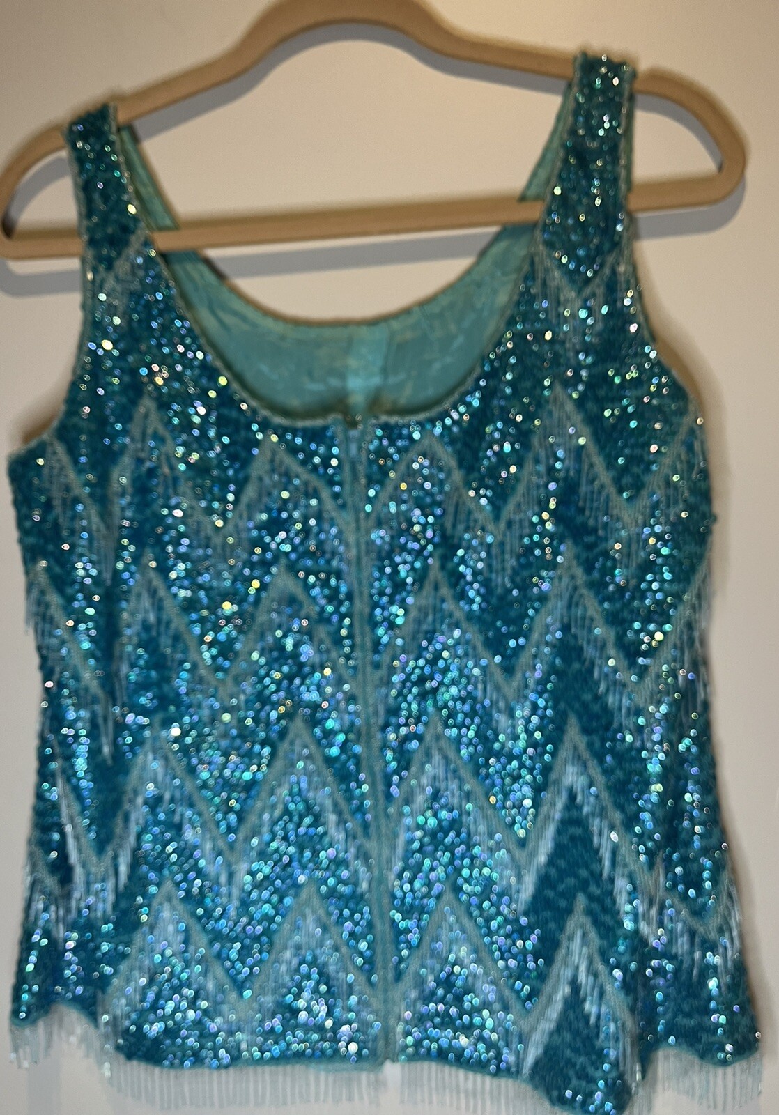 Vintage 1960s Hand Beaded Turquoise Sequin Fringe Top Art Deco Gatsby Flapper