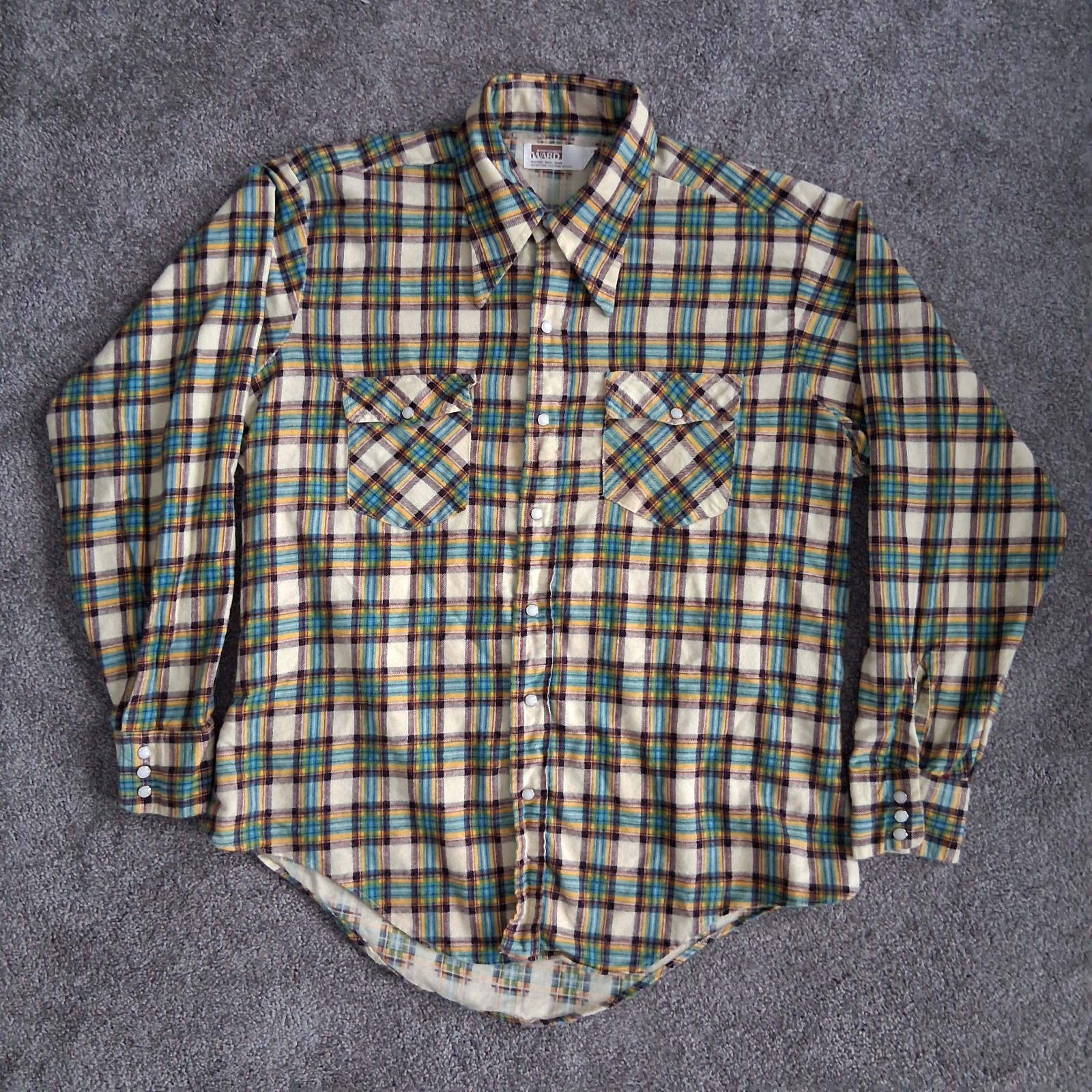 Vtg 70s Montgomery Ward Plaid Flannel Shirt | Retro Blue Yellow White Grunge L