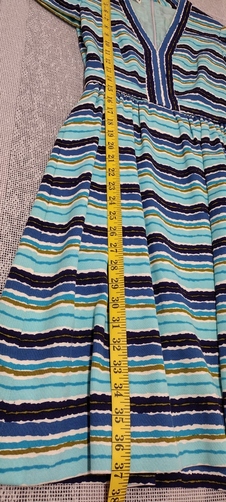 Vintage MCM Papillon Dress Audrey Style Mid Century Stripes Avocado Blue W 24″