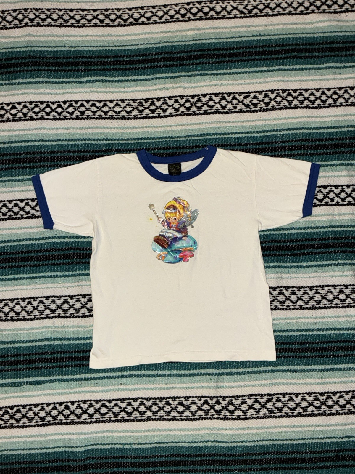 Women’s Vintage 80s/90s Rainbow Brite Mushroom Blue Ringer t shirt, Size Large