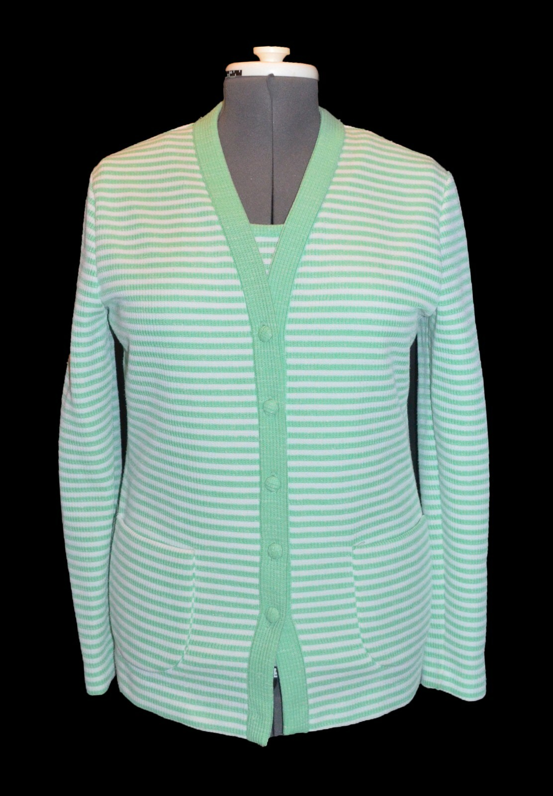 Jo Hardin Vintage 70s 80s Green & White Striped 2 Piece Knit Sweater Top Set L