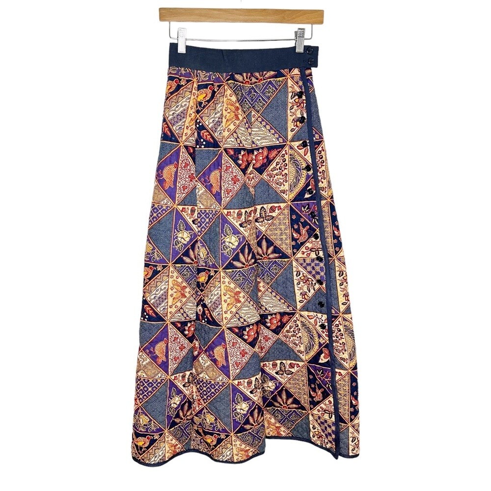 Vintage 70s Retro Quilted Bird & Butterfly Print Patchwork A Line Maxi Skirt