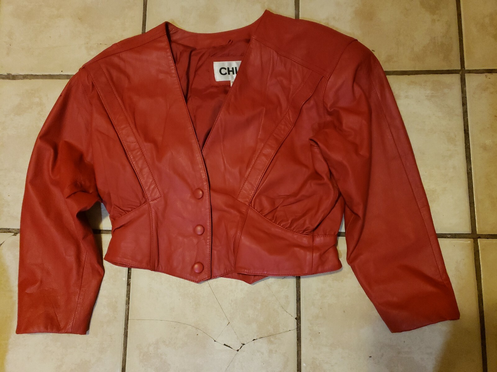 Vintage 80s CHIA Red Leather cinch waist cropped Jacket Women’s Glamour chic