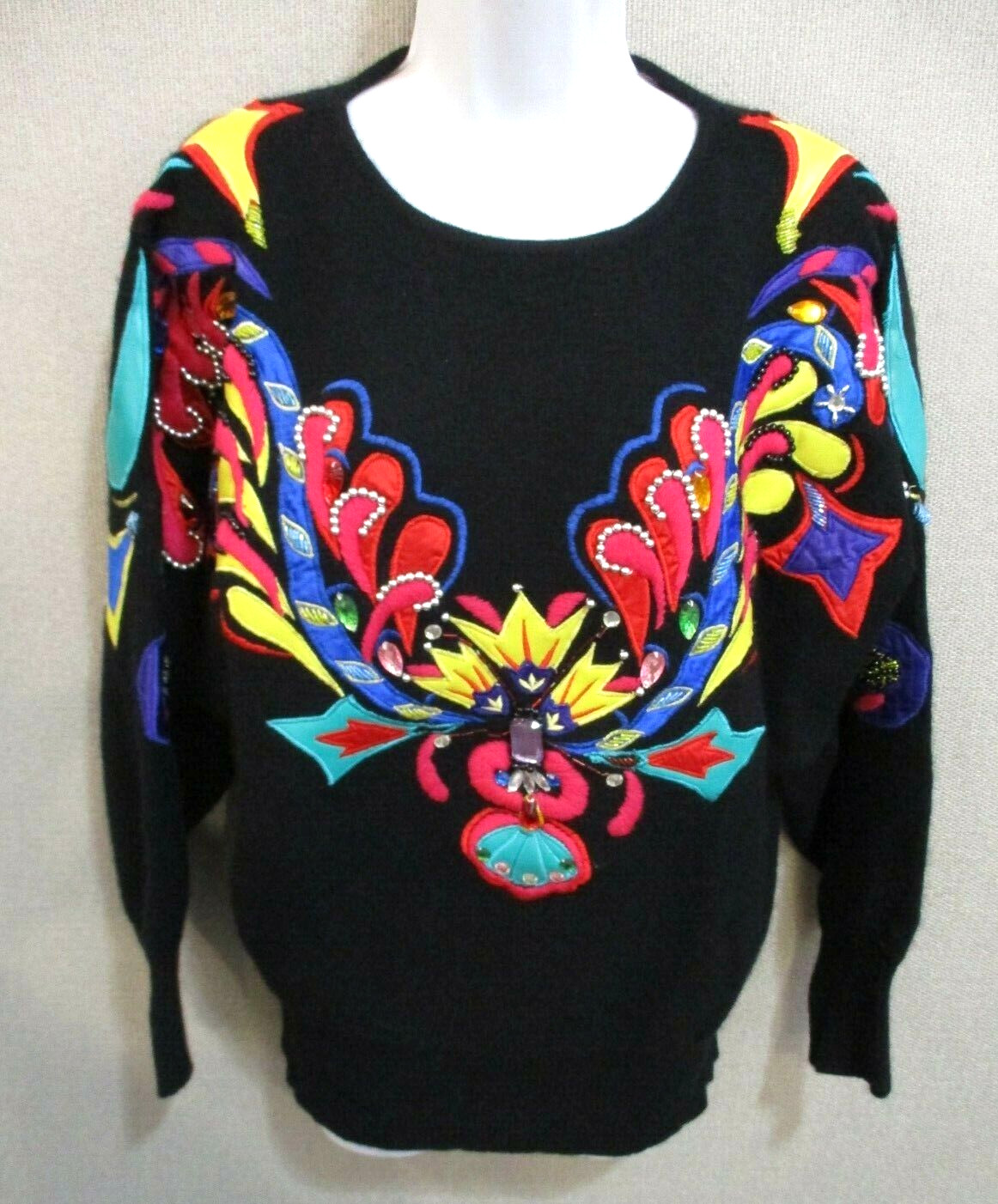 VTG 80’s Cedars Sweater Size Medium Applique & Beads Bright Abstract „New Wave”