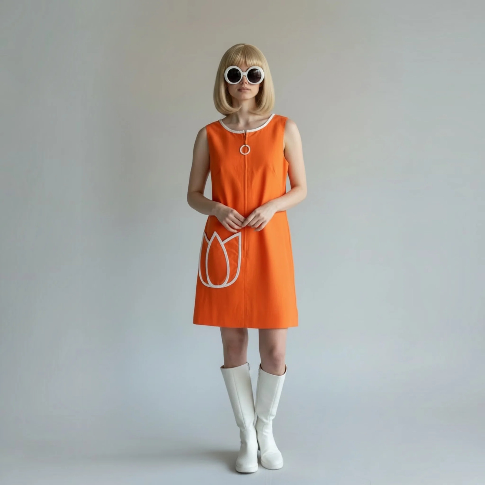 True Vintage 60s Mod Orange Mini Dress With Flower Pocket, Size S