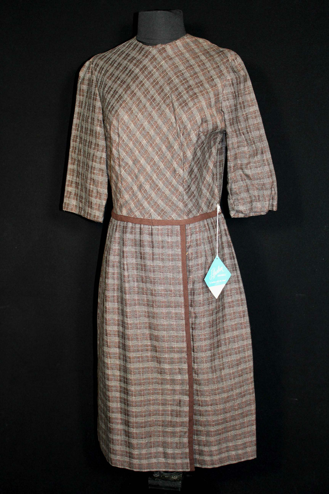 VINTAGE 1950’S DEADSTOCK NEVER WORN MUSTARD BROWN COTTON & SILK DRESS SIZE 10