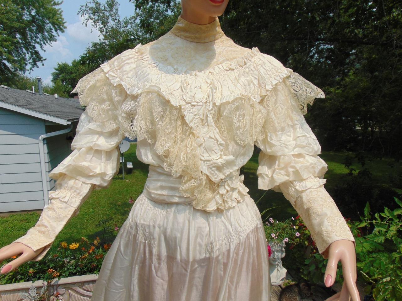 1900s Ivory Silk Wedding Bodice & Skirt Alencon Lace Juliet Sleeves