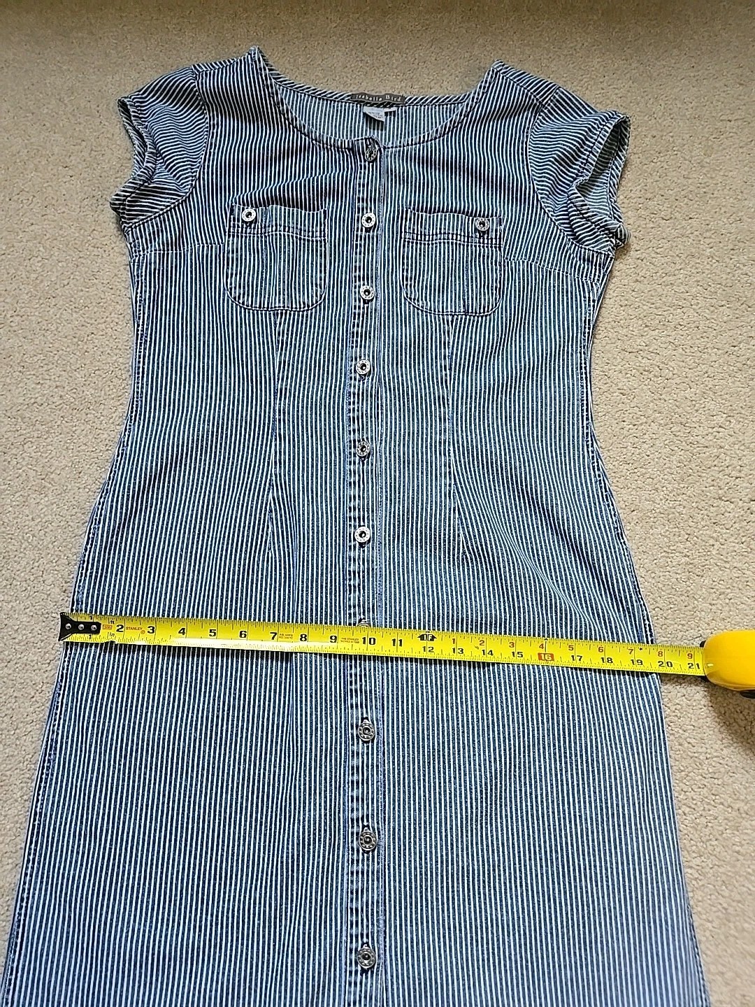 Isabella Bird Anthro denim midi dress 8 blue white stripe short cap sleeve
