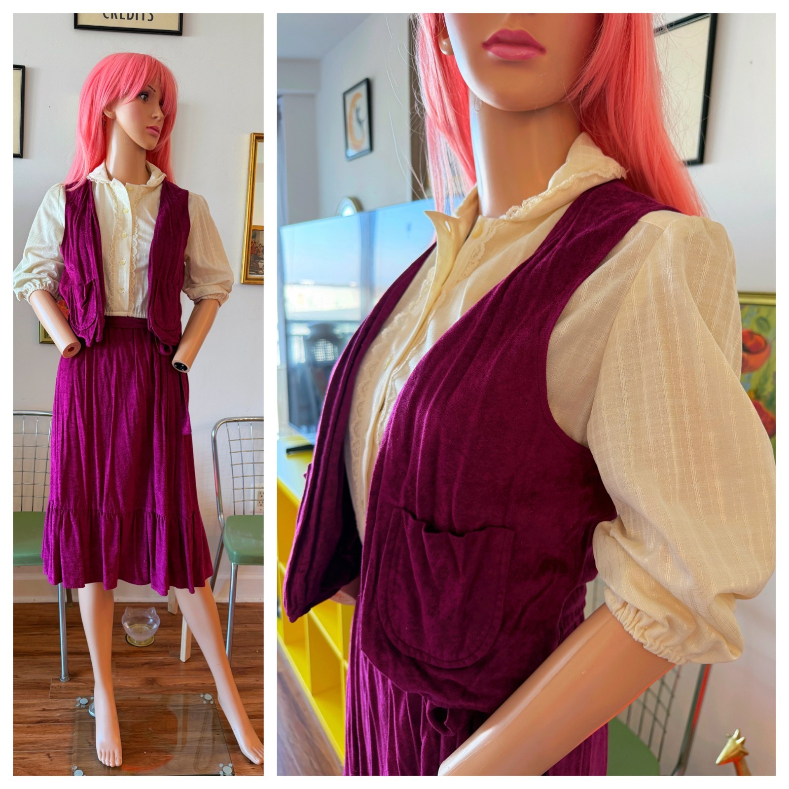 🍷 Vtg 70s Faux Suede Plum Vest Skirt Set Sheer Lace Blouse 3pc M Dress