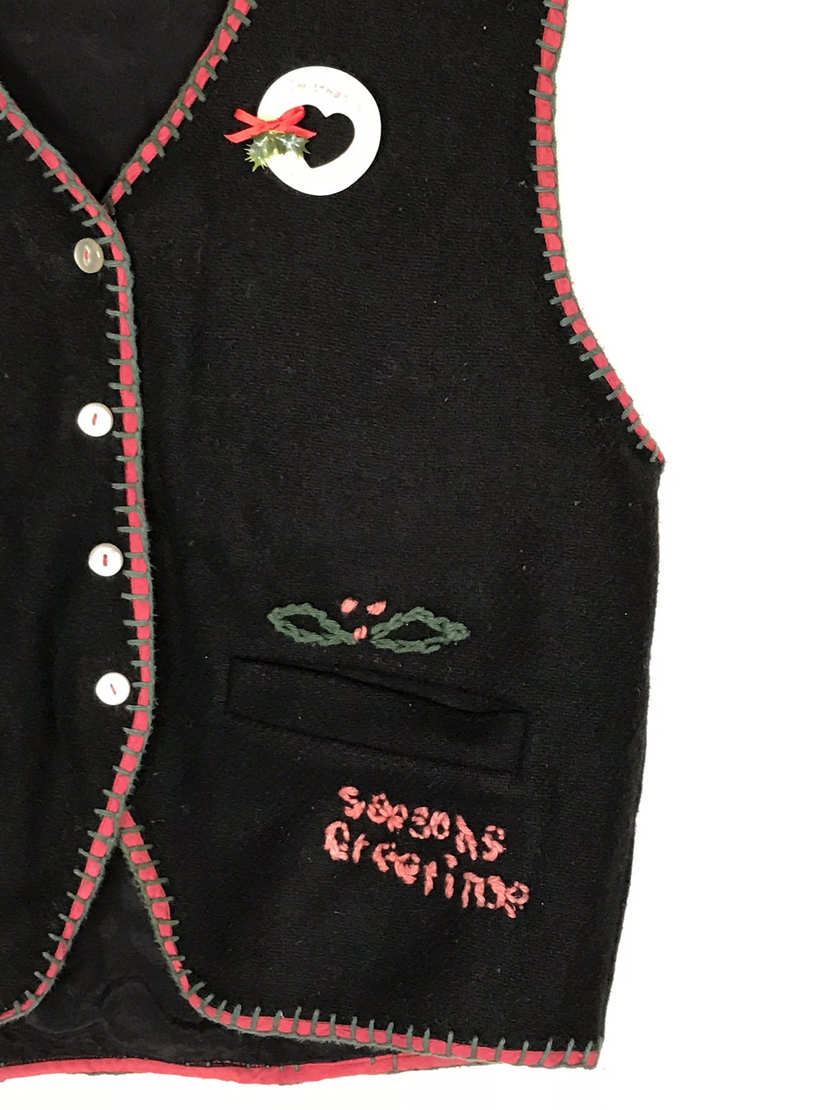 Vintage 1990’s Era CARROLL REED Wool Christmas Vest Button Wreath Folk Art Sz LG