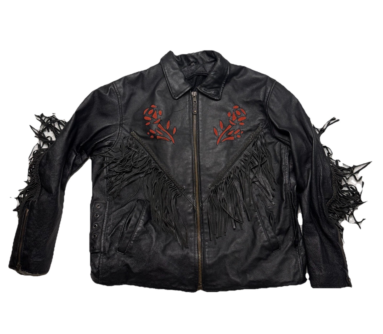 Vintage 80s Womens Leather Biker Jacket Size 2XL Red Tassel Rose Embossed