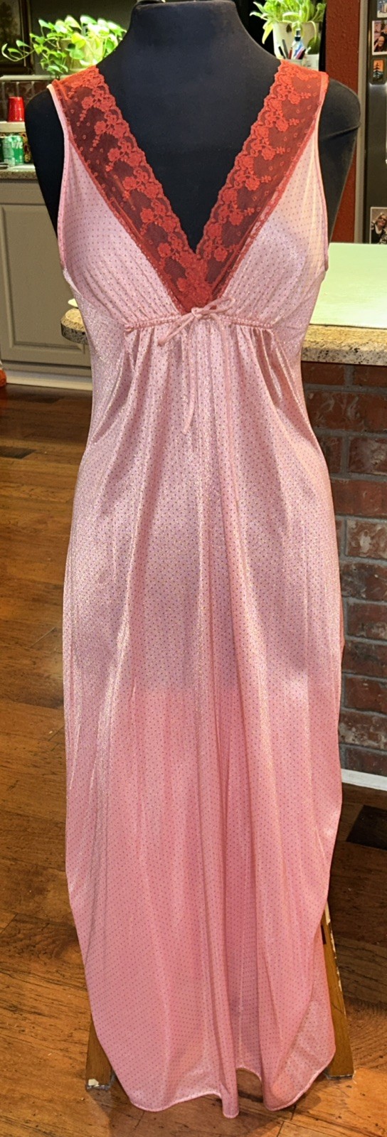 Vintage Texsheen Long Pink rose Red GOWN Peignoir Lingerie Nightgown Medium