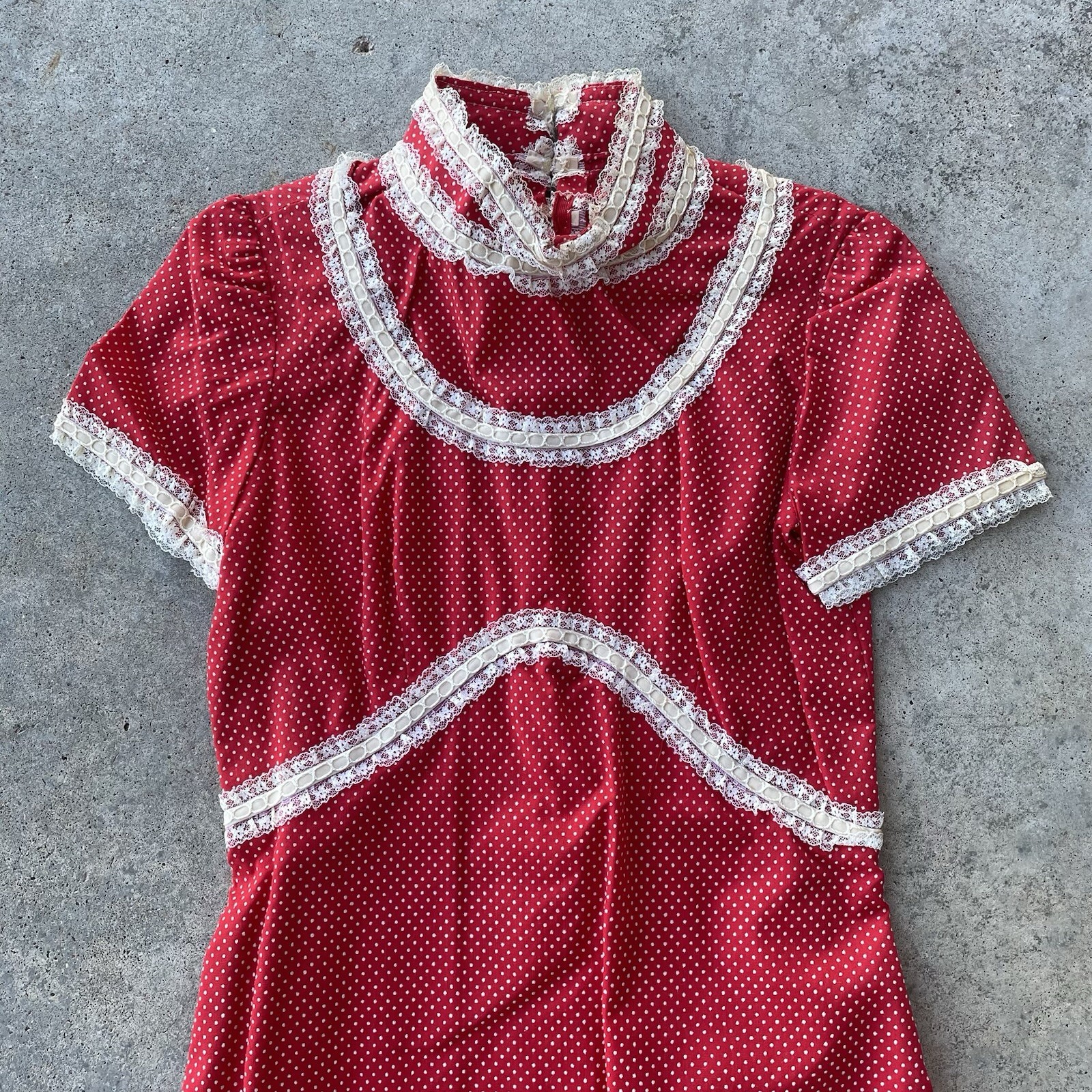 Prairie Cottage Core Vtg 70s Maxi Dress Red White Polka Dot Lace Trim Women’s S