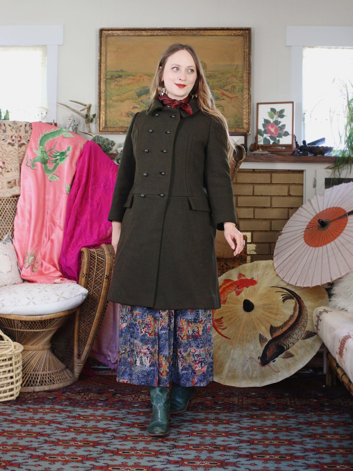 Vintage 1960s The Halle Bros Co deep olive green wool princess Peacoat 60s