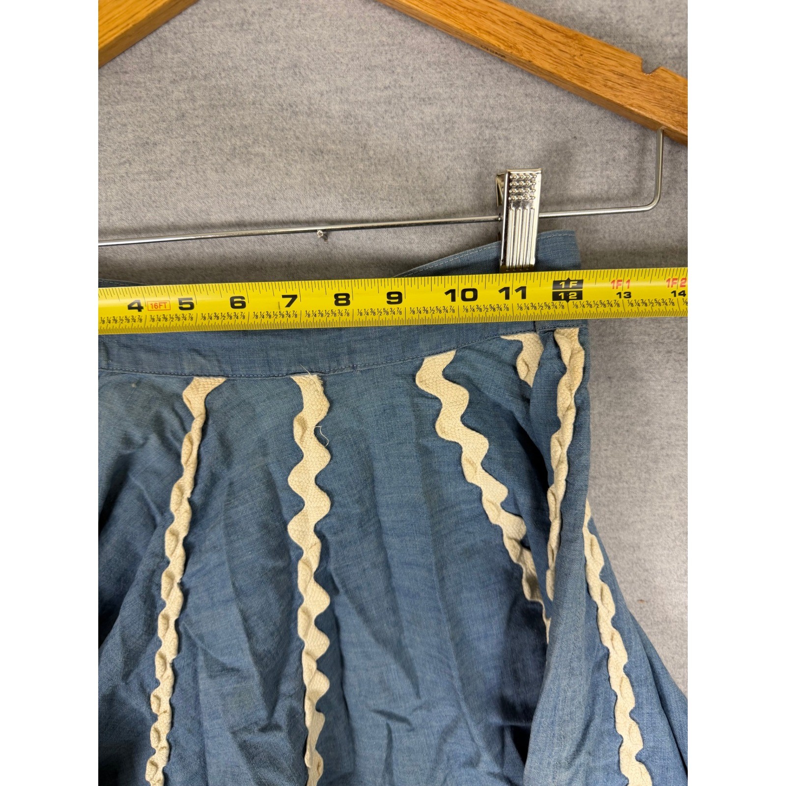 Vintage 50s Blue Chambray Rickrack Trim Circle Skirt High Waist Metal Zipper