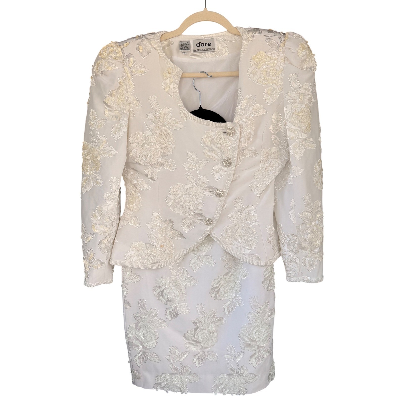 T11 D’ore Skirt Suit Floral Sequin Beaded Peplum 90s Vintage Mob Boss Old Money