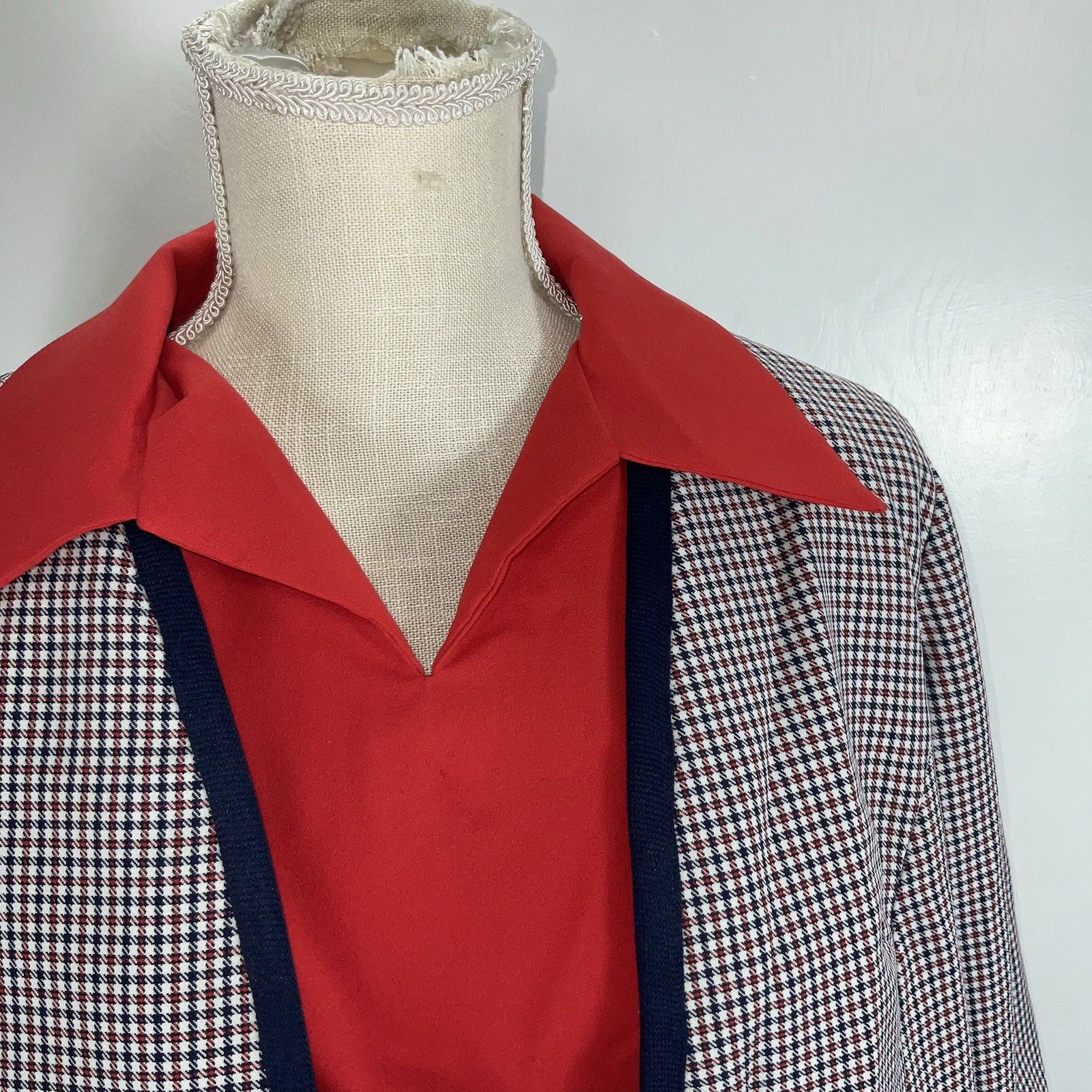 Vintage 60s 70s Handmade Womens 3 Pc Skirt Suit Red White Blue Plaid Gingham Mod