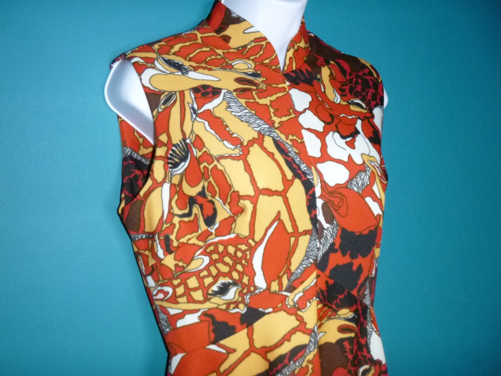 Vtg 70s Poly Flared Dress Flower Power MOD Floral Rust Brown Sz M/L