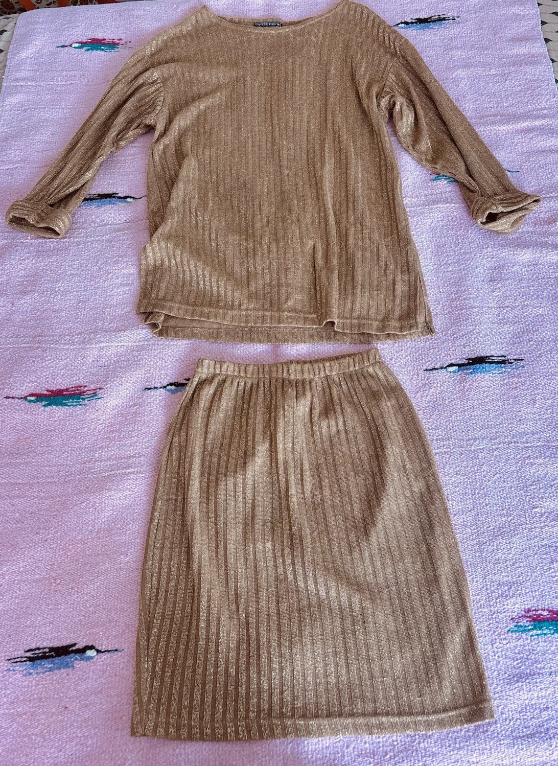 Vintage 1990s Skirt And Shirt Set Gold Sparkly Size Small Made In USA