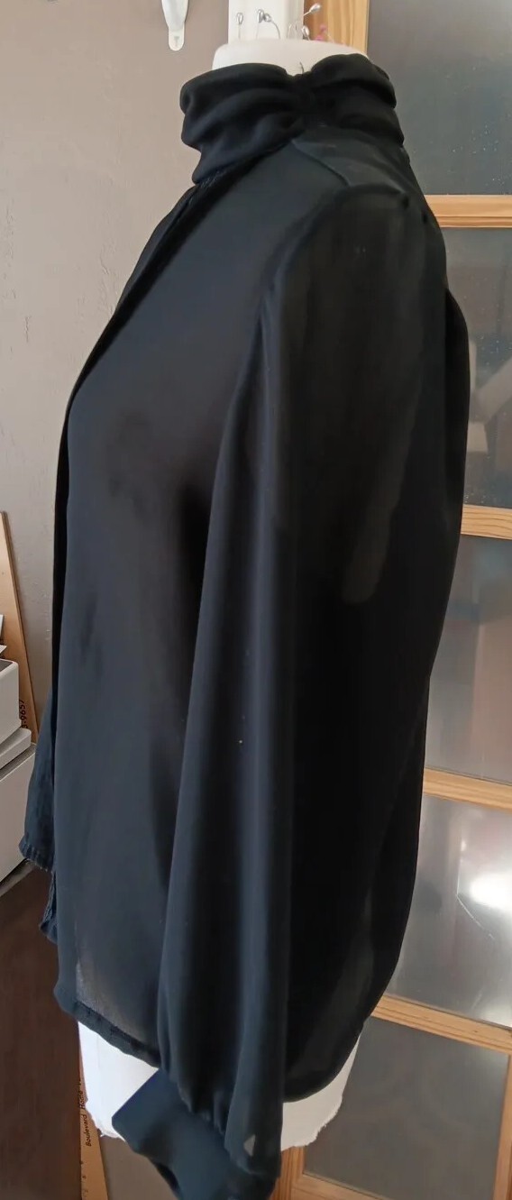 Vintage Sheer Blouse Black Sz 14 Union Label Rhonda Lee Pleated Button Back 70s