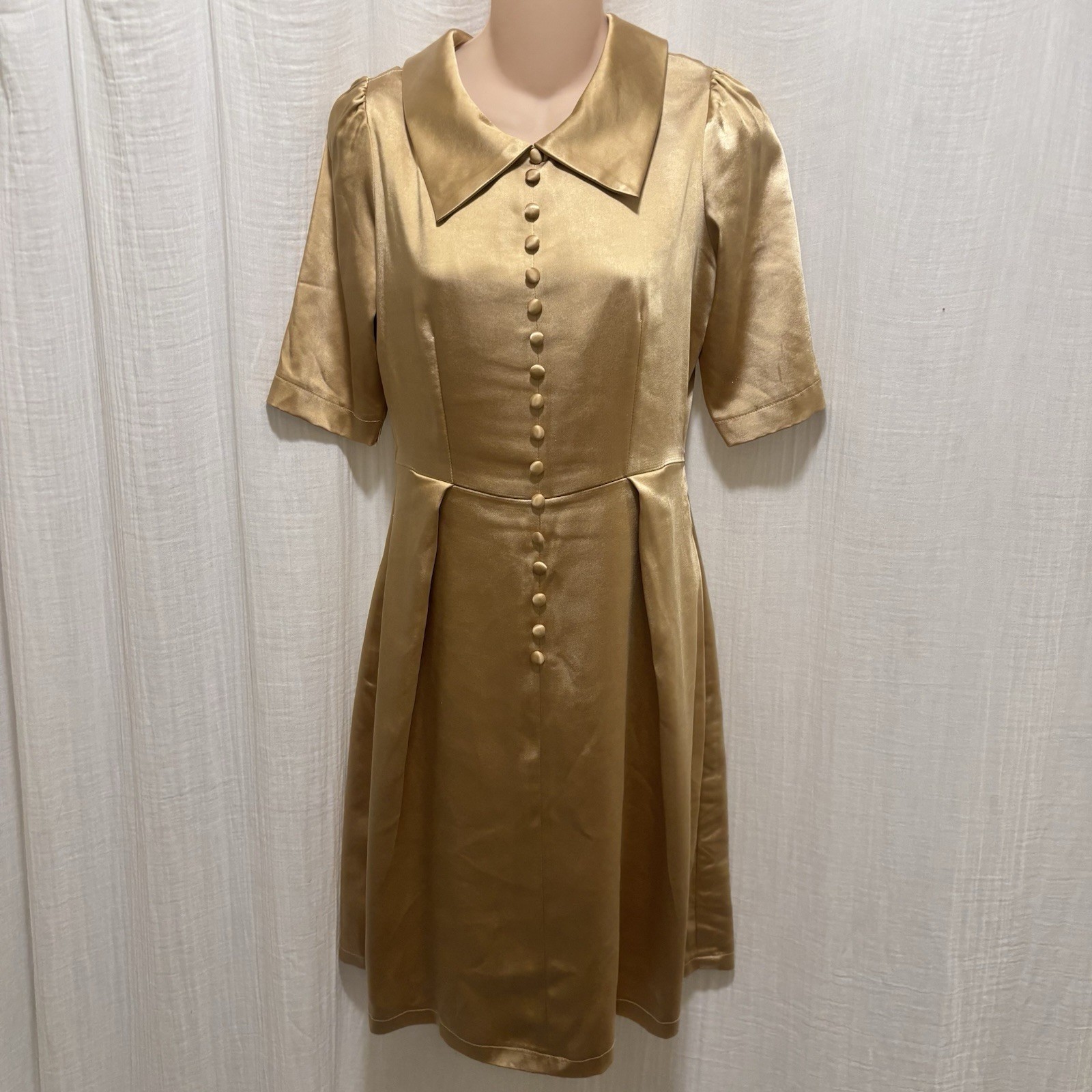 Vintage Mid-Century Gold Satin Shirtwaist Dress / Tailored Box Pleat A-Line XS