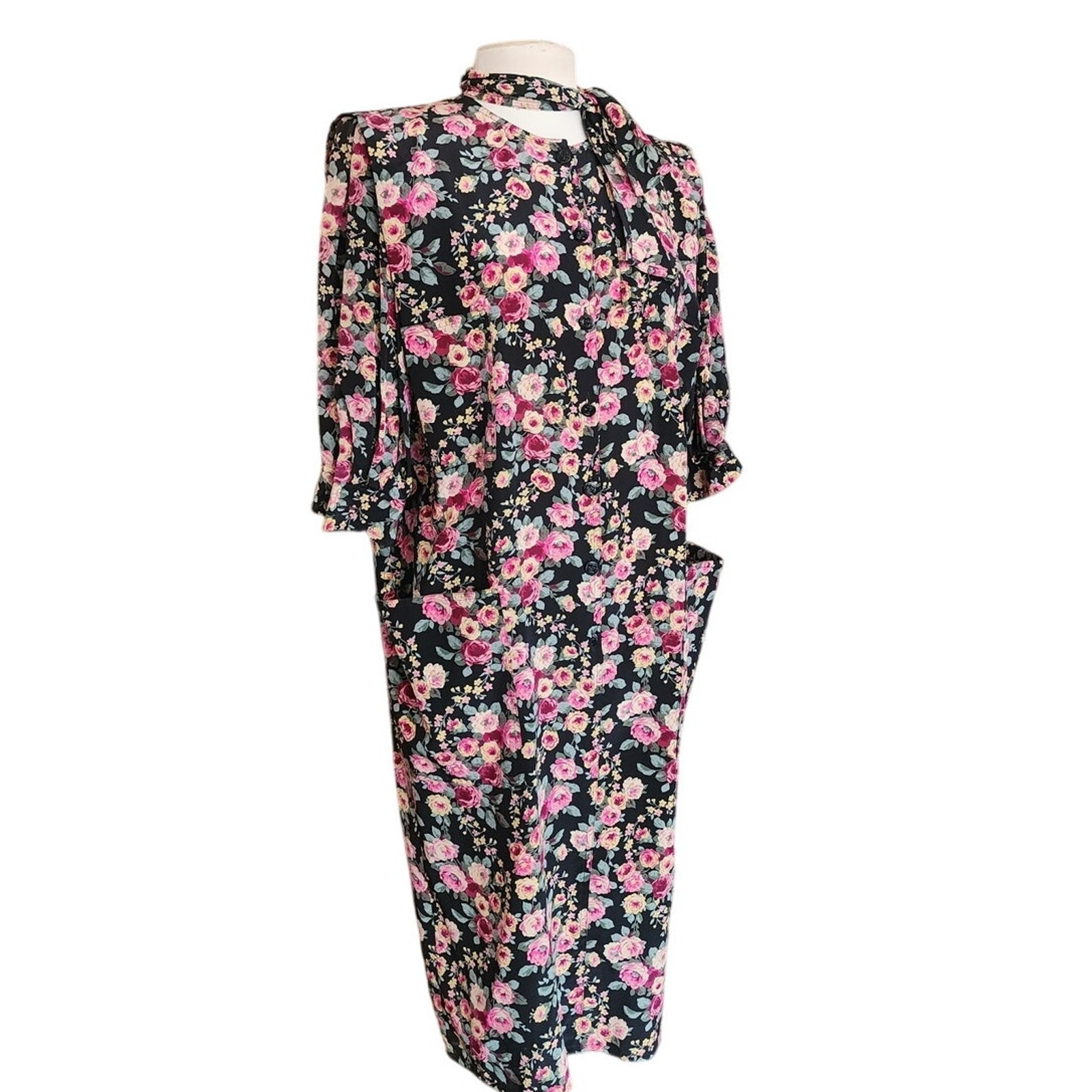Vintage 1980s UNGARO Silk Floral Print Dress Necktie Sash Button Down Front
