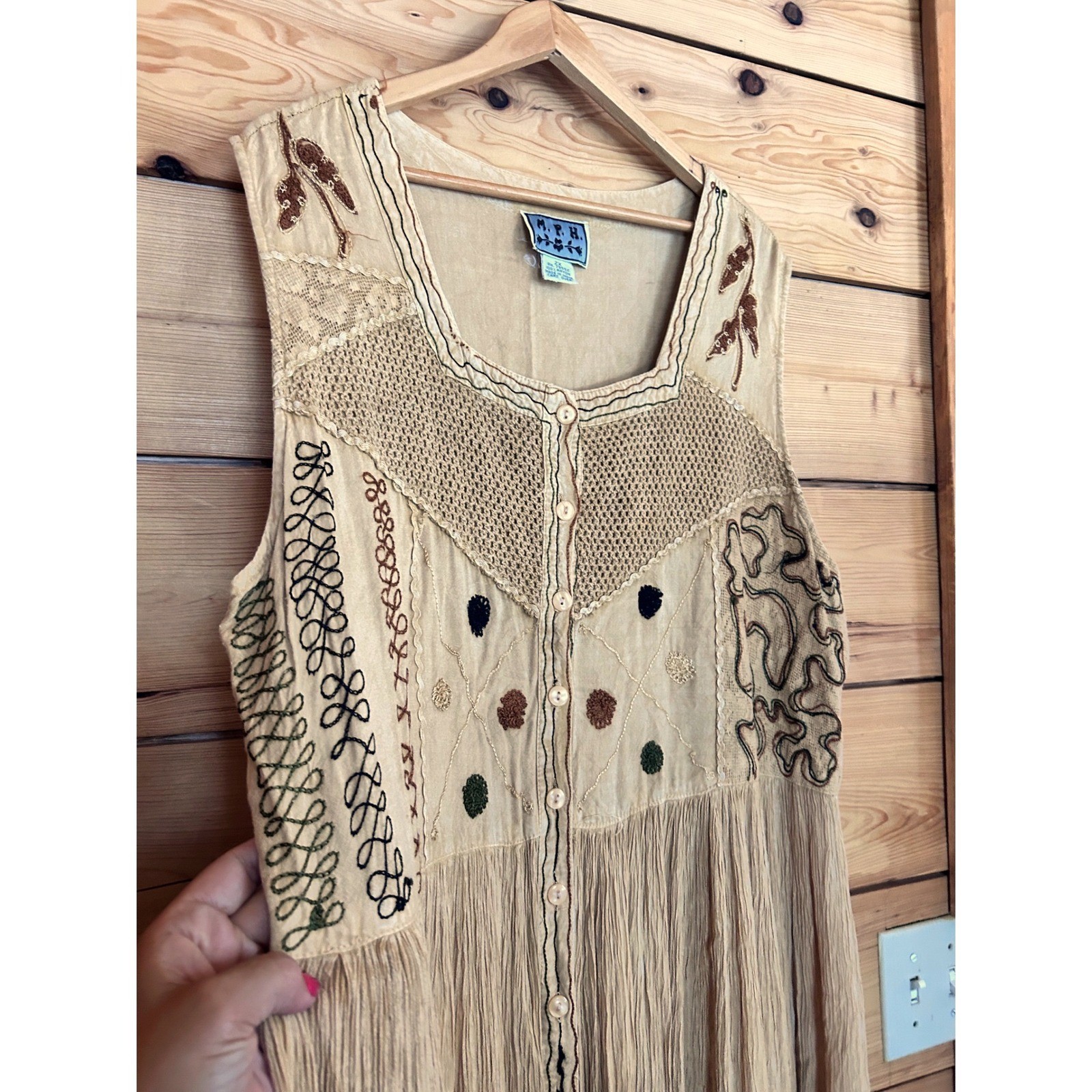 Vintage Rayon Gauze Dress Womens 2X Tan Whimsigoth Fairycore Boho MPH