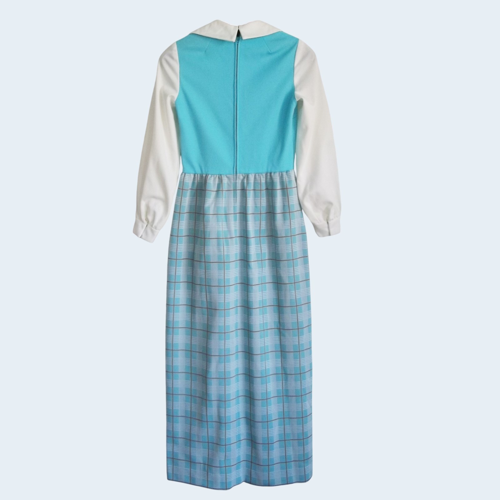 Vintage 70s Ayres ILGWU Tag Dagger Collar Plaid Skirt Double Knit Maxi Dress XS