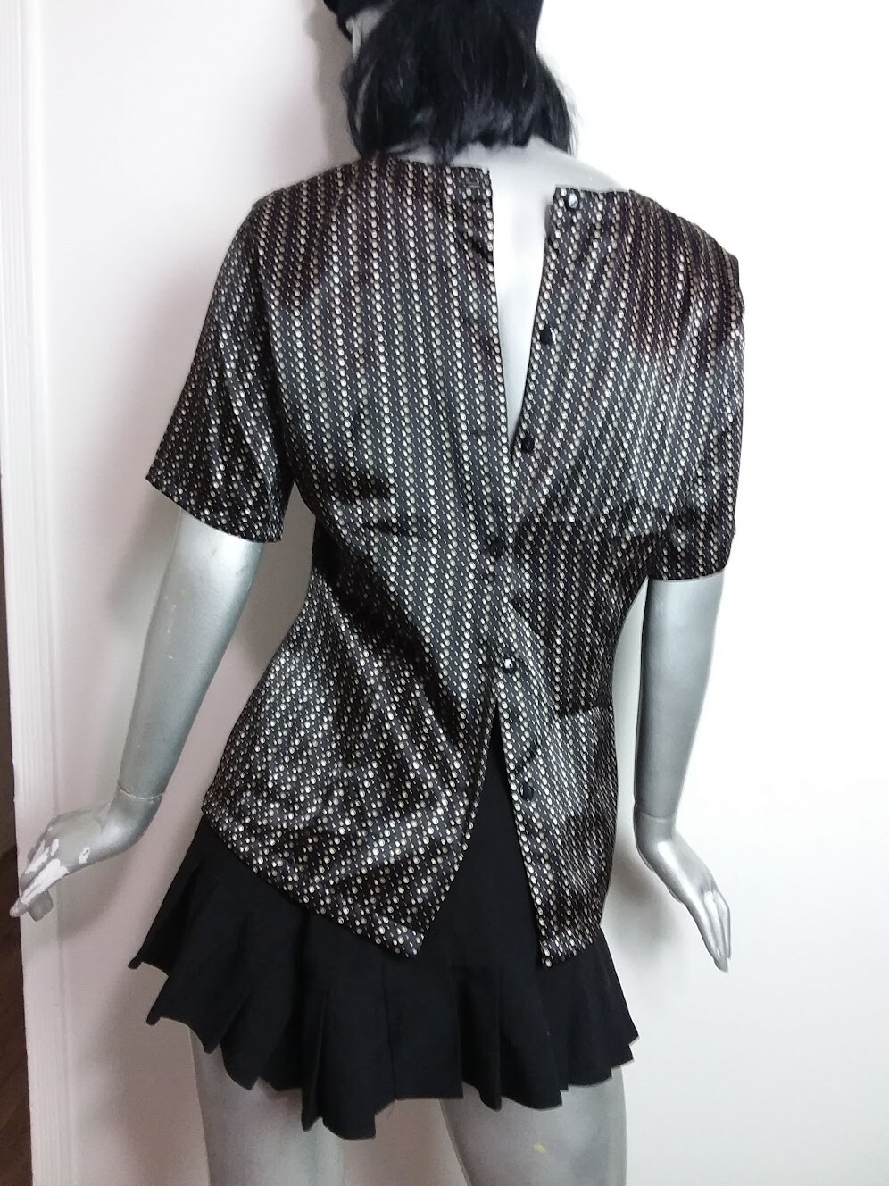 Christie & Jill Size 10 Blouse Black/Tan Polka Dots Short Sleeve Disco Vintage