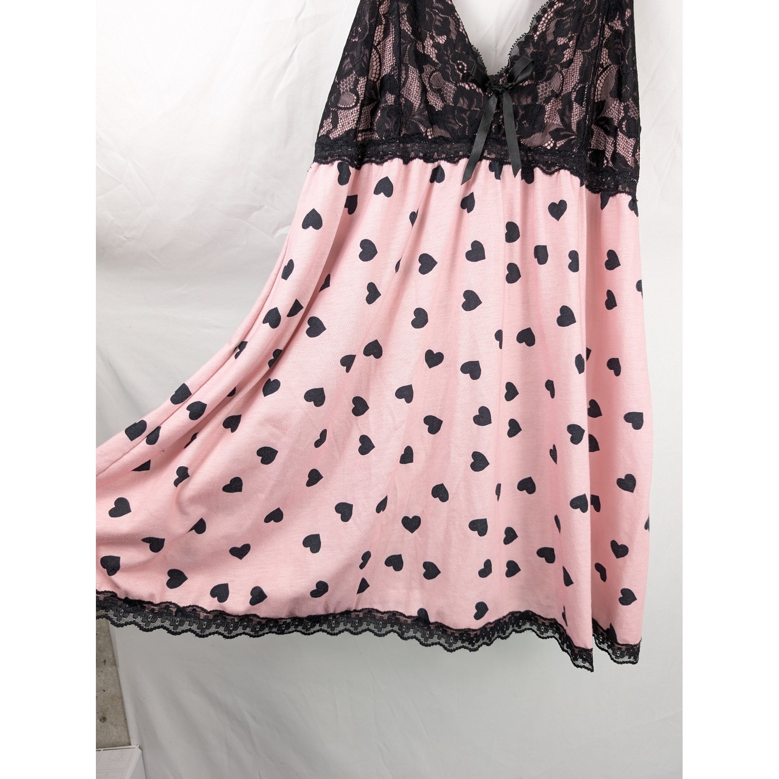 Romantic Heart Lace Babydoll Mini Dress Sz XL Pink Black Coquette Fairy Chemise