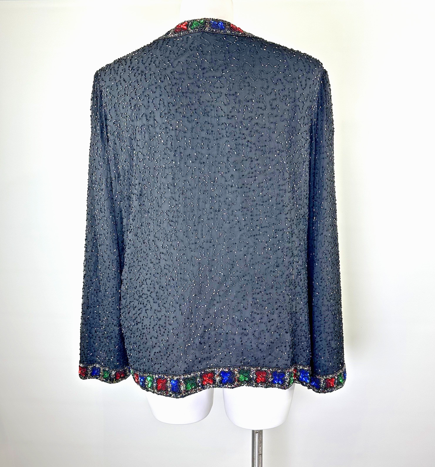 Laurence Kazar Vintage Beaded Silk Jacket Black Multi Color Sequin Womens 1X