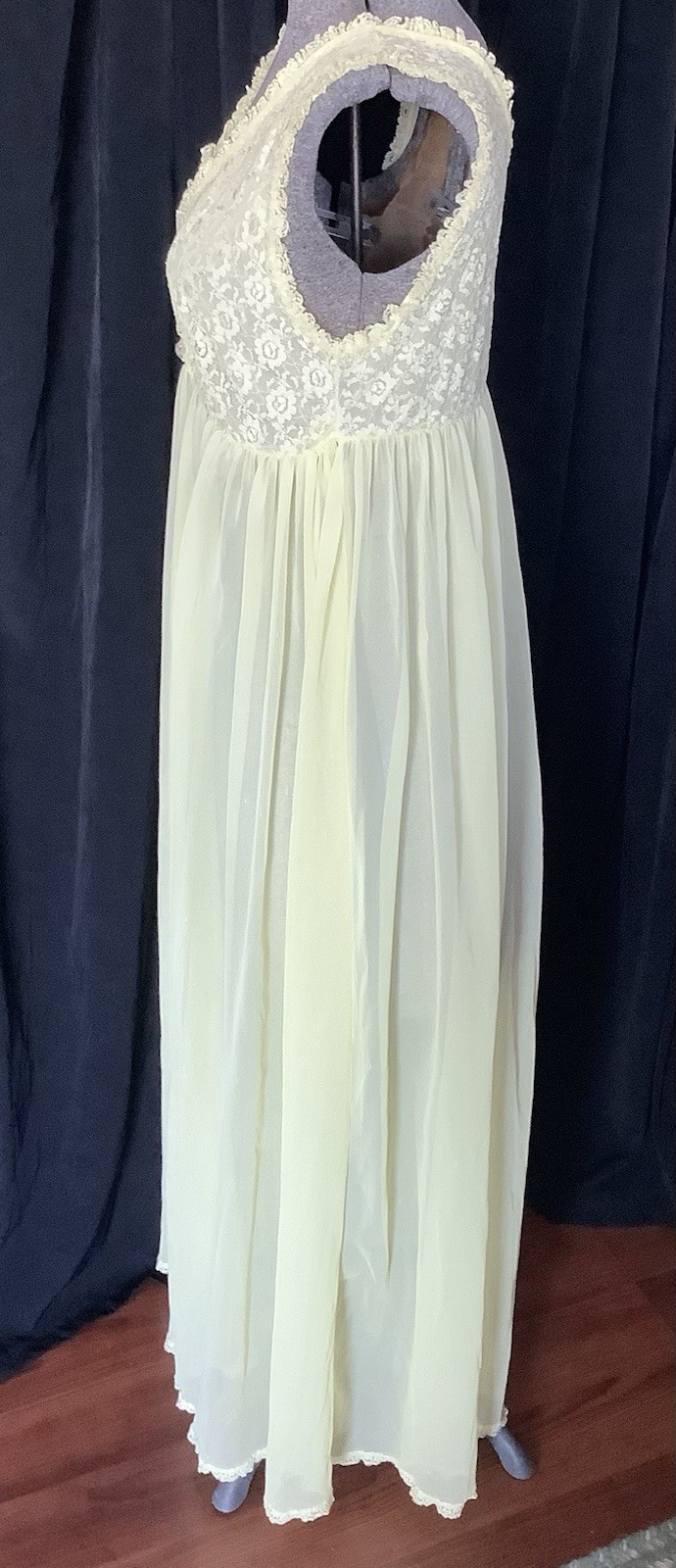 Vintage 1960’s Lemon Yellow Nylon Nightgown Empire Waist Lace Bodice Trim Sheer