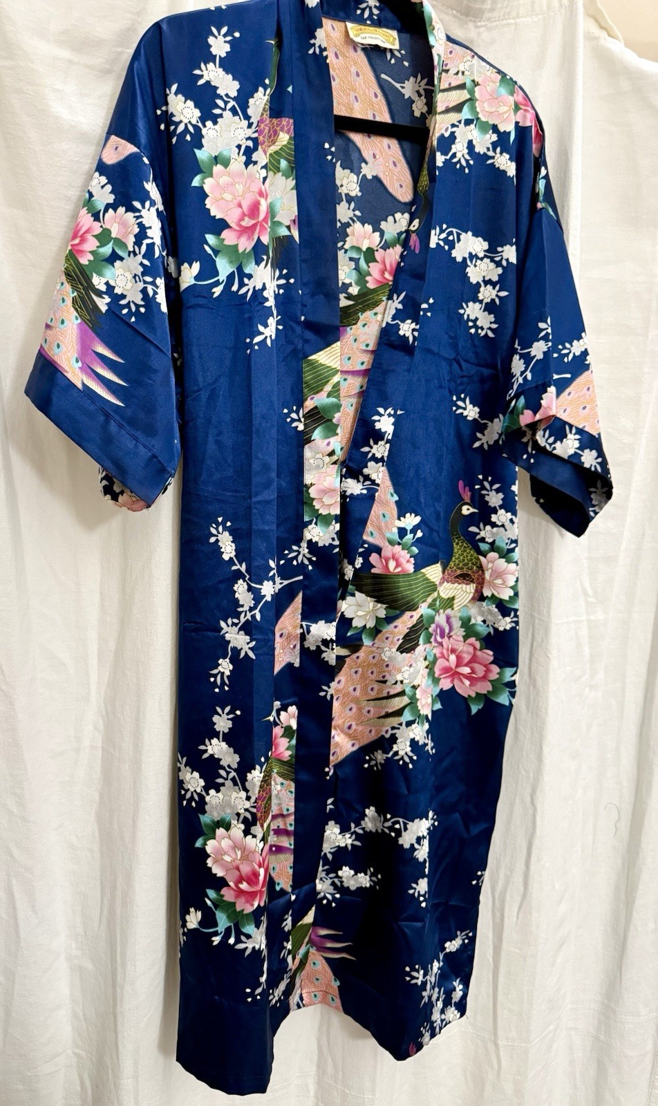 VTG 90s Silk Peacock Kimono Robe Blue Floral Statement Boho Lagenlook Luxe