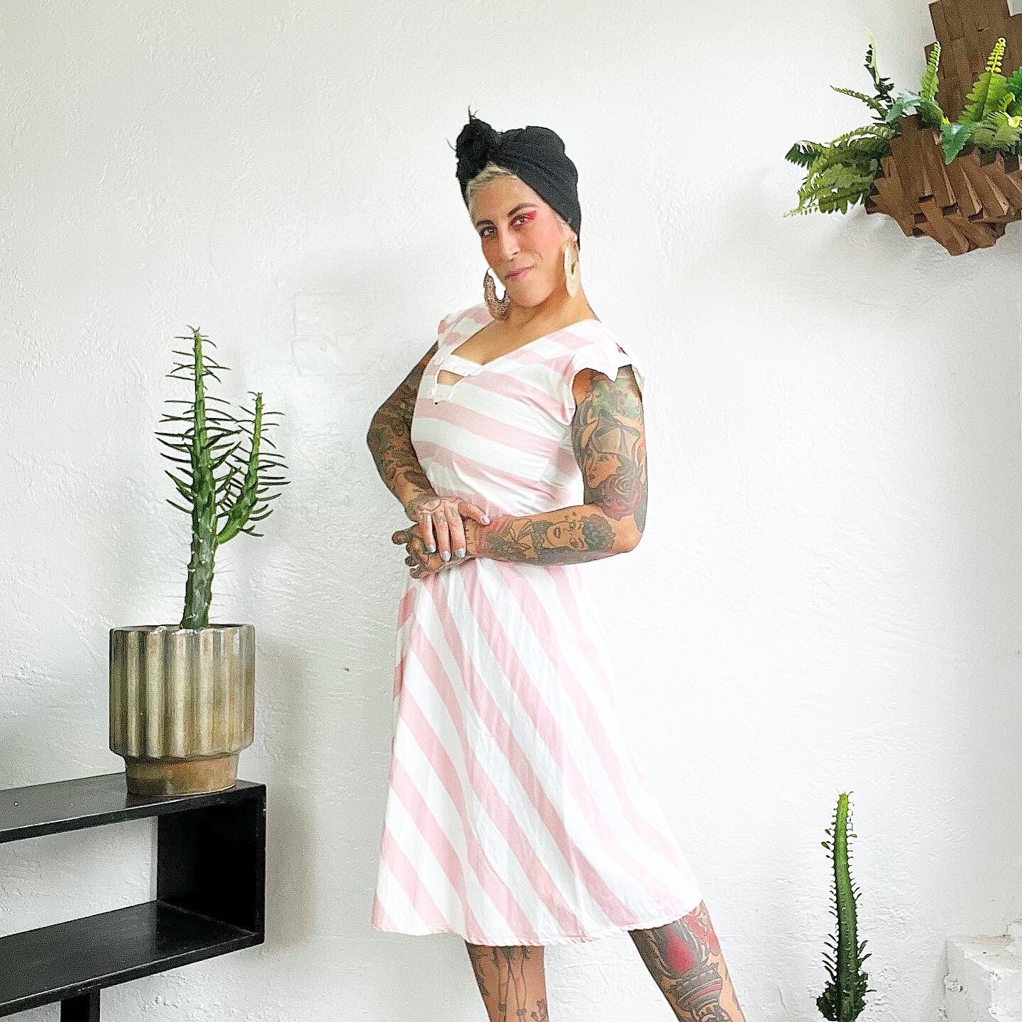 PINK & WHITE 1980’s 80s Vintage Chevron Cotton Striped Sailor Dress Sundress S M