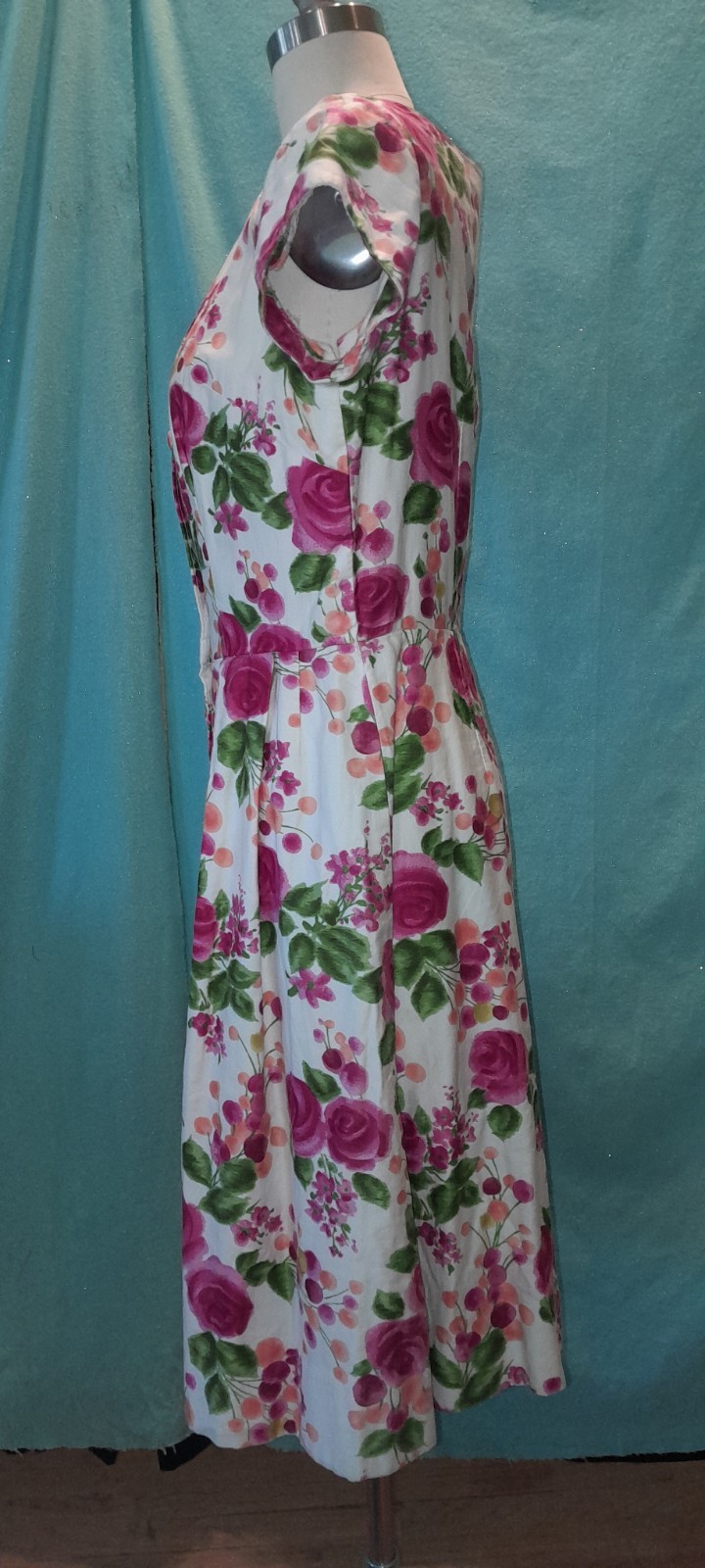 Vtg 50s Cotton Floral ROSE Button Rockabilly Casual Day Pin Up Marilyn Dress M L