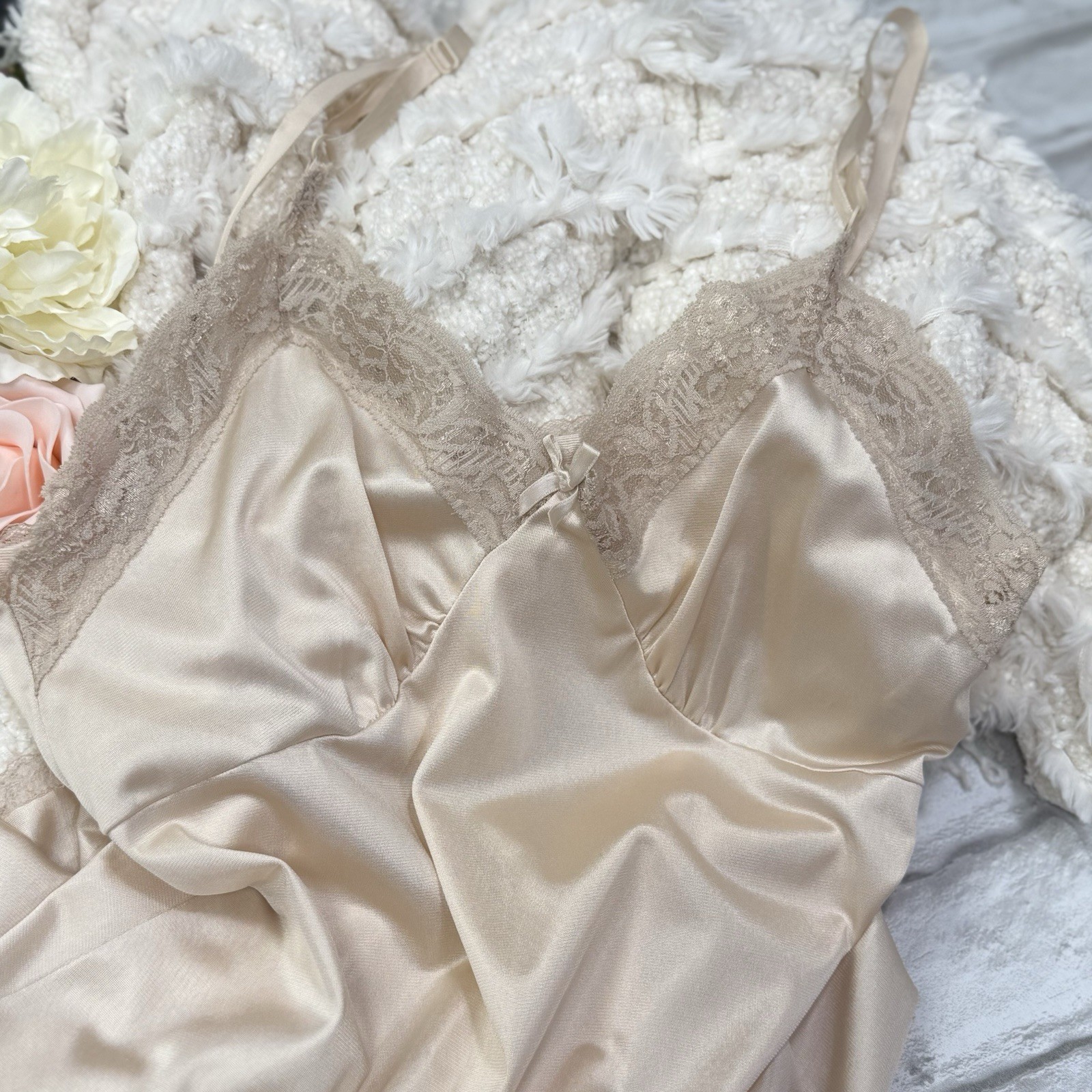 Vtg Adonna Nylon Lace Beige Slip Dress Lingerie S Bridal Babydoll Floral Boudoir