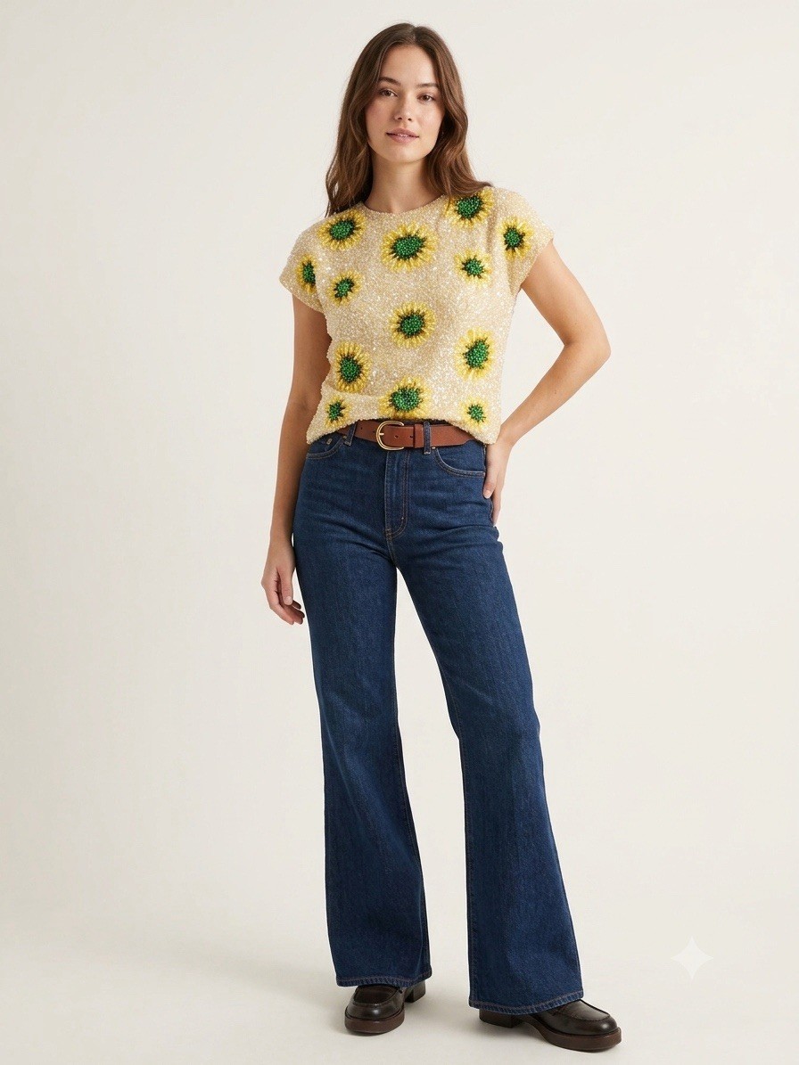 Vintage 60s House of Gold Sequins Floral Wool Sweater Top Yellow Rare 38 Boho