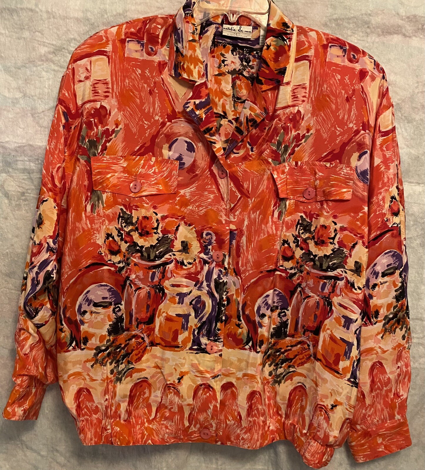 VTG 90’s Womens Silk Bomber Jacket All Over Print Pockets Natalie & Me sz L