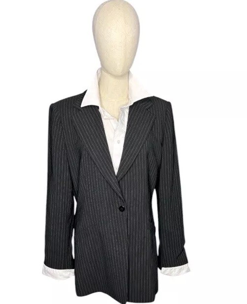 Vintage 90s Armani Collezioni Black White Pinstripe Single Button Blazer Size 12
