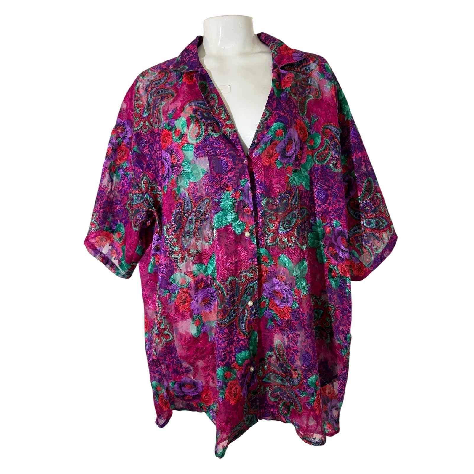 Vintage 90s Victoria’s Secret Sheer Paisley Pajama Top Blouse Pink Purple M/L