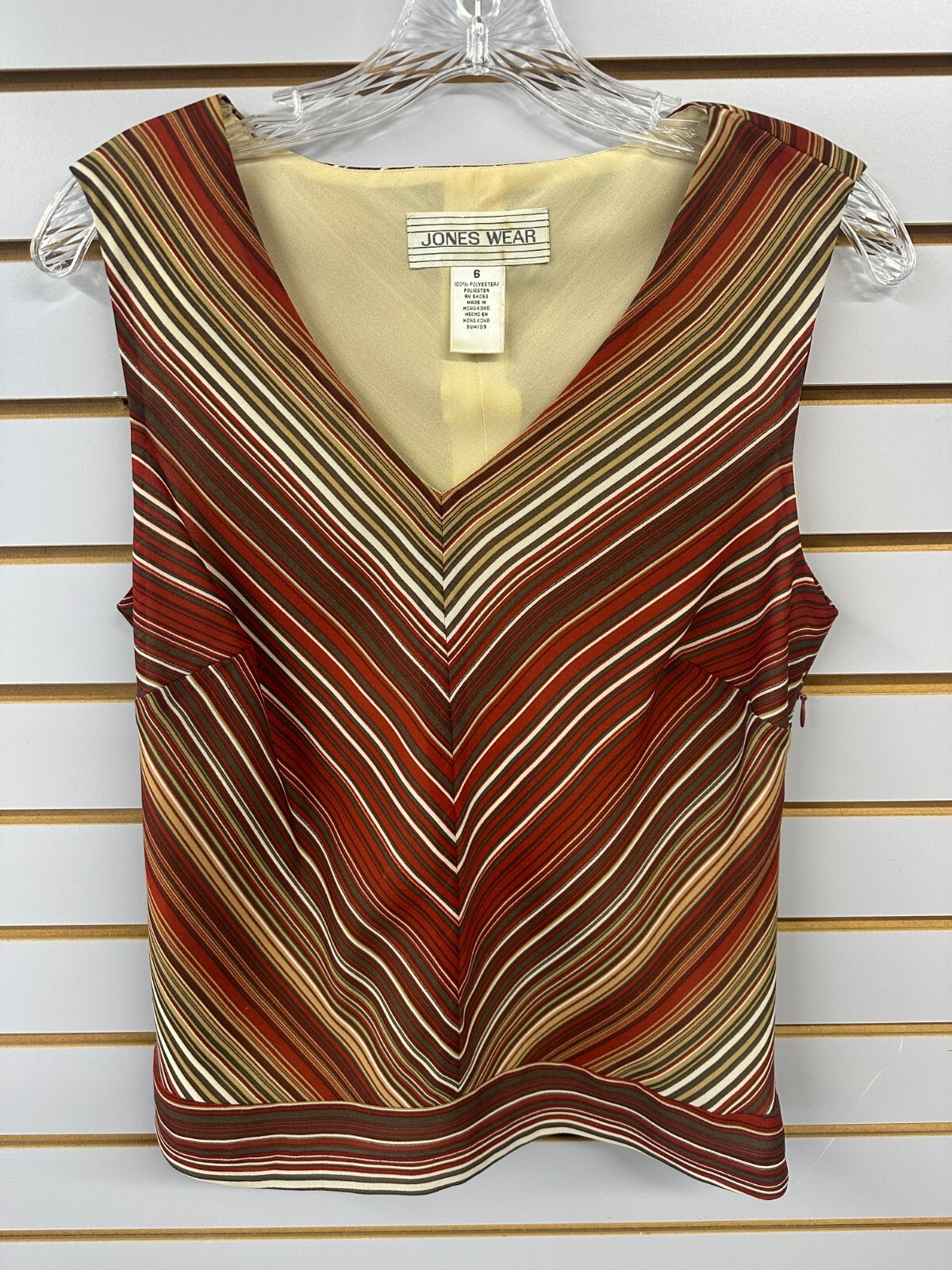 Vintage 90s Jones Wear Top Sz 6 Rust Striped Retro Sleeveless V-Neck Y2K 70s